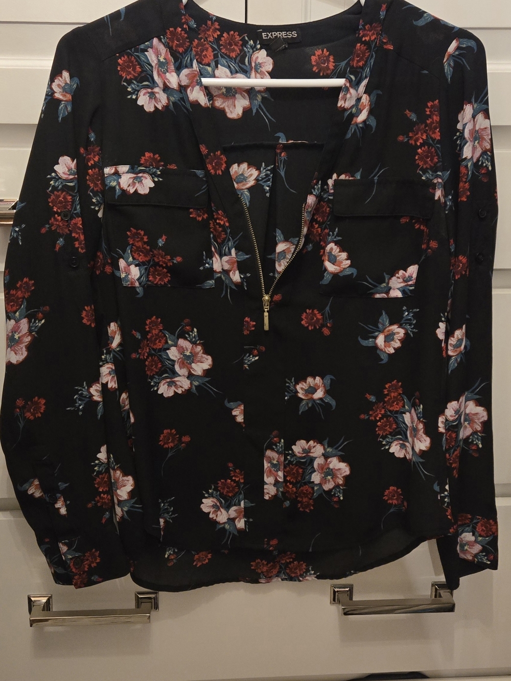 Express Black Floral Zip-Front Blouse with Pink and Red Blooms Size XS